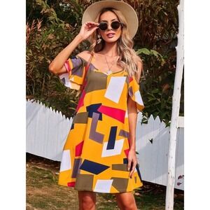 SHEIN Abstract Geometric Print Cold Shoulder Mini Dress Yellow‎ Red Blue